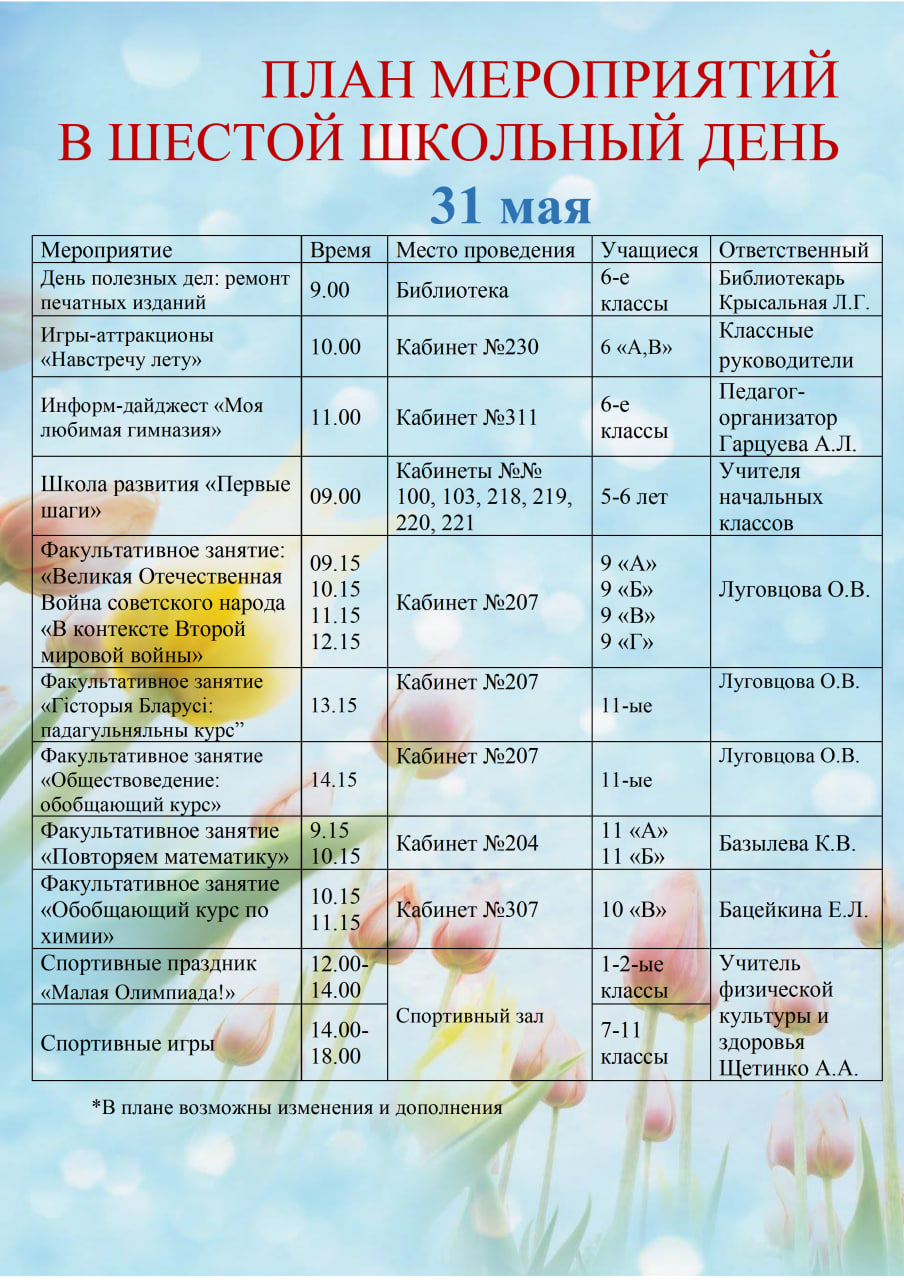 План мероприятий в шестой школьный день 31.05.2025г.