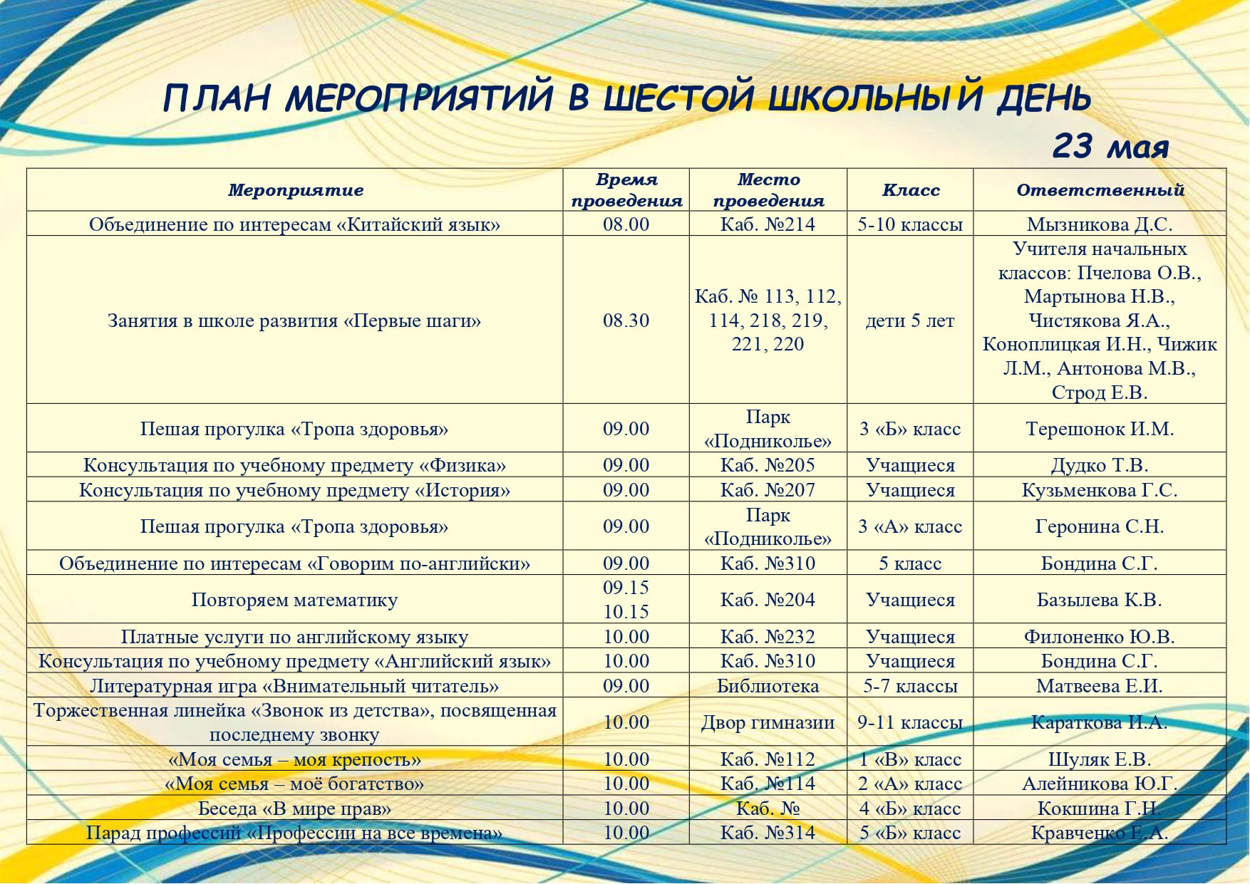 План мероприятий в шестой школьный день 23.05.2026 г.