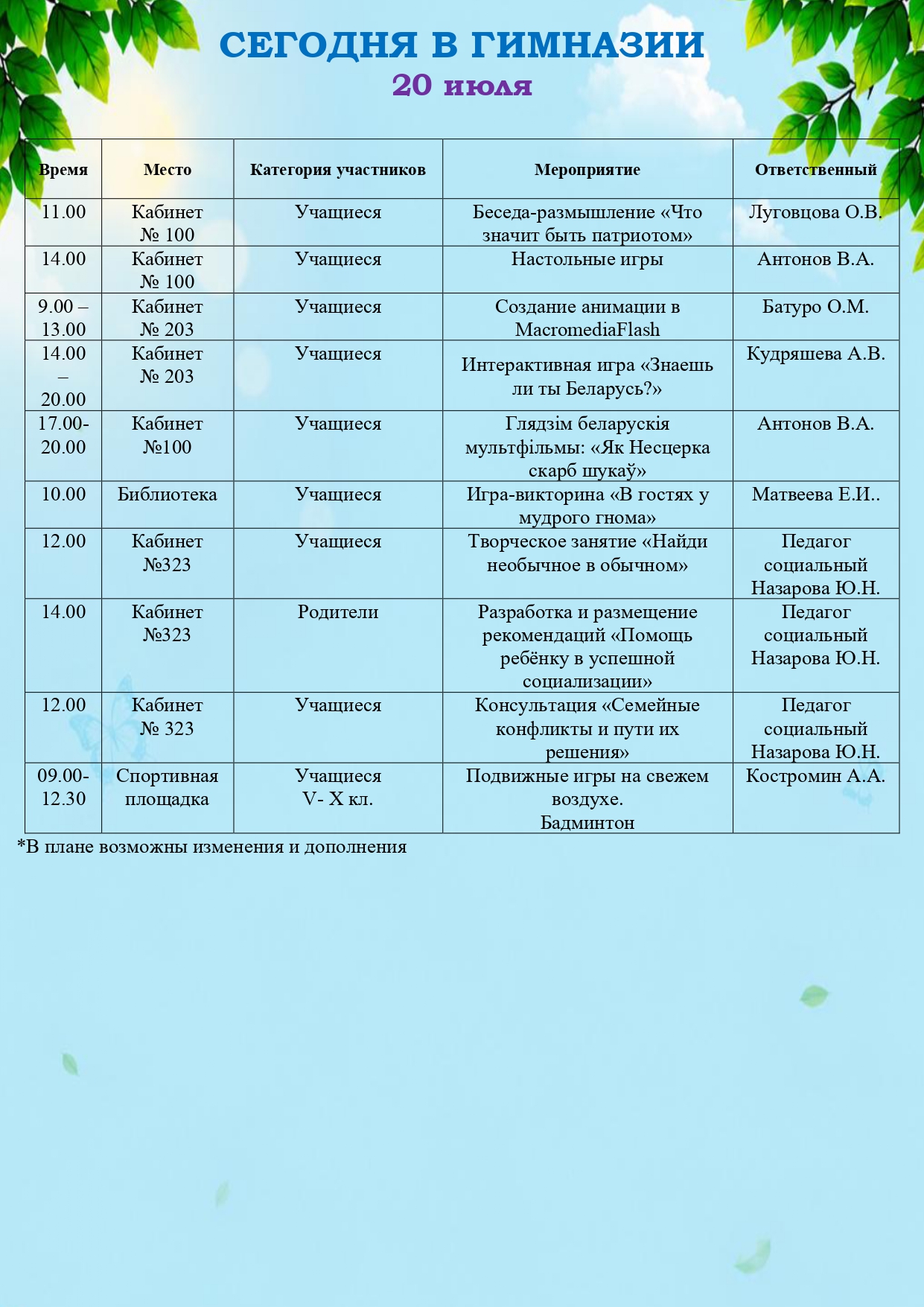Сегодня в гимназии! (20.07.2026)